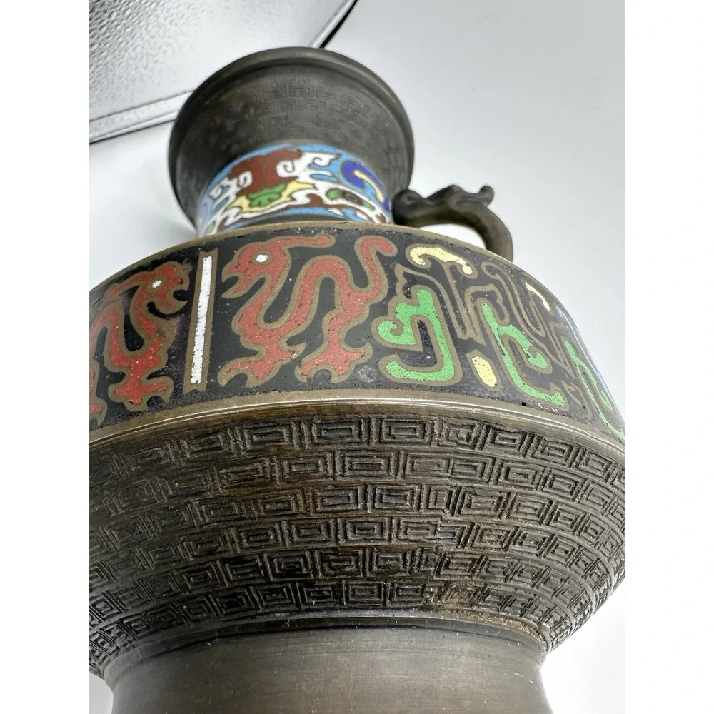 Antique Japanese Enamel Cloisonne Champleve‎ Bronze Vase 10